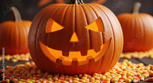 Classic Jack-o'-Lantern Trio with Candy Corn A Timeless Halloween Image Featuring Carved Pumpkins and Sweet Treats for a Festive and Joyful Celebration