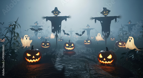 Chilling Halloween Cornfield Scene with Scarecrows, Ghosts, and Glowing Jack-o'-Lanterns Under a Misty Sky Creating a Frightening and Atmospheric Ambiance