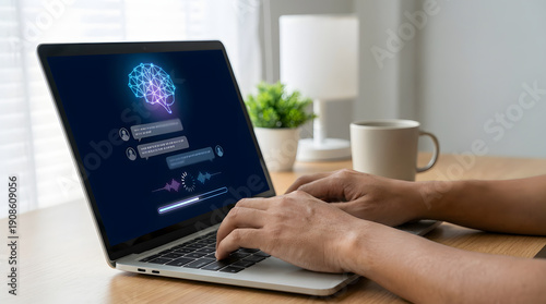 man typing on laptop using artificial intelligence chatbot with digital brain and voice wave interface on screen for machine learning and smart virtual assistant technology concept