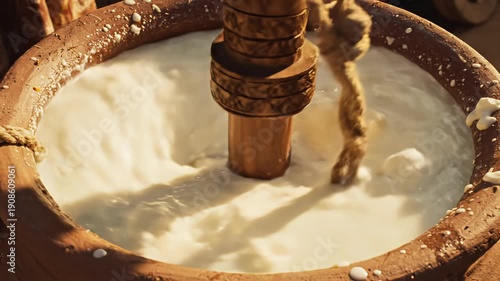 Traditional Butter Churning Process Using an Ancient Clay Pot and Wooden Tool in Natural Sunlight Creating Creamy White Liquid with Ripples and Bubbles