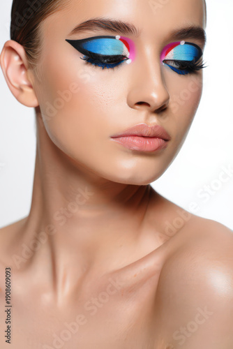 Artistic Makeup with Bold Eyeliner A Striking Close-Up of a Woman's Face Showcasing Creative Blue and Pink Eyeliner Accentuating Her Features with a Clean and Modern Aesthetic