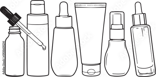 Skincare Bottle Set Line Art – Serum Droppers, Lotion Tubes and Cosmetic Containers