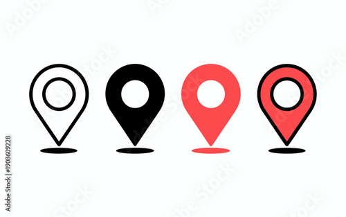 Modern Map Location Pin Icons Set – Minimal GPS Marker Symbols in Black and Red Vector Style