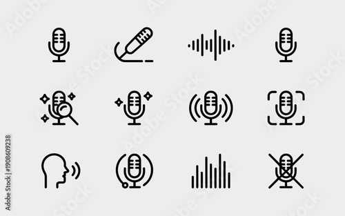 Microphone and Voice Audio Line Icons Set – Sound Recording, Speech Recognition and Podcast Outline Vector Collection