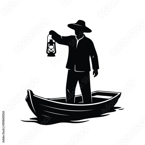 Boatman Holding Lantern Standing in Boat Silhouette