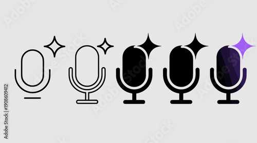 Modern Microphone Icons Set with Sparkle Effect – Minimal Audio Recording Mic Symbols in Outline and Solid Style