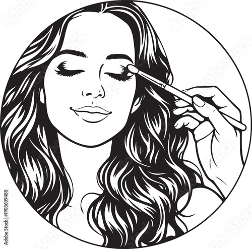 Woman Applying Eyeshadow – Beauty Makeup Illustration in Circular Frame