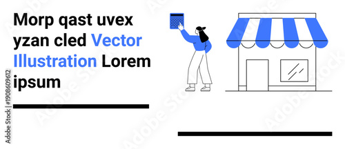 Small business, retail store, entrepreneurship, storefront design, local commerce, shop branding. Minimalist design showing a person hanging a sign on a shopfront. Small business and retail store