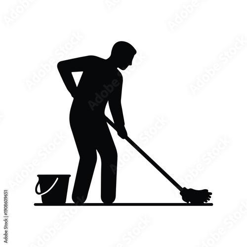 Cleaner Mopping Floor Black Silhouette Illustration