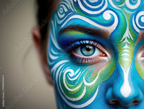 Artistic Close-Up of a Woman's Face Adorned with Intricate Blue and Green Body Paint, Highlighting a Striking Blue Eye and Creative Expression