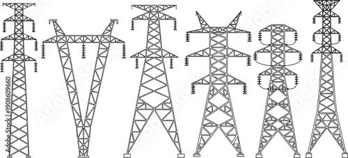 Set of high voltage power transmission tower designs line illustration isolated on white background, showcasing electricity grid infrastructure variations