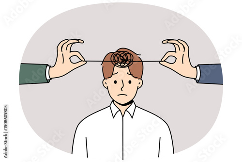 Problems with psychological health in man with tangled threads on head and hands of friends trying to untangle lump. Psychological disorder and insanity in business guy in need of psychotherapist