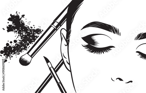 Beauty Makeup Illustration – Female Face with Makeup Brushes and Powder Splash