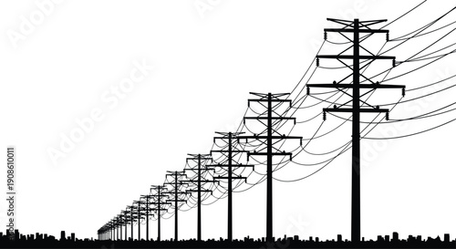 Perspective row of utility poles with overhead power lines silhouette isolated on white background, representing electricity distribution network and urban energy infrastructure