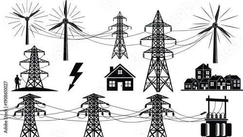 Electricity generation and distribution icons featuring wind turbines, transmission towers, power lines, homes, and transformers isolated on white background illustration