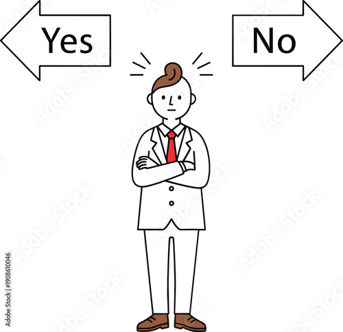 Confused businessman choosing yes or no decision concept vector illustration choice dilemma symbol