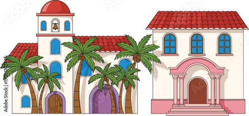 Colorful Mediterranean residential houses with palm trees vector illustration architecture exterior building scene design