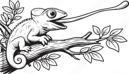 Chameleon on Branch with Extended Tongue – Wildlife Line Art Illustration
