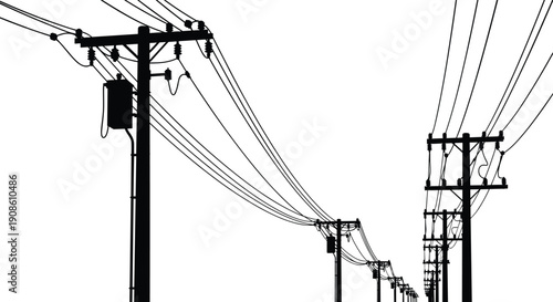 Utility poles with transformers and overhead power lines silhouette isolated on white background, illustrating electricity distribution network and urban energy infrastructure