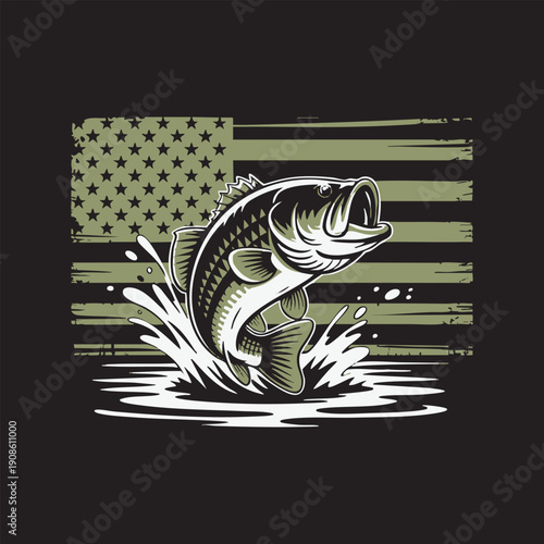 T shirt detailed digital illustration, high quality, realistic, detailed fish jumping out of water, American flag silhouette, distressed vintage style, black and white, sharp contrast