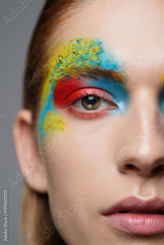 Artistic Close-Up of a Woman's Face with Bold and Vibrant Makeup, Showcasing Creative Expression and Beauty in a Studio Setting with Soft Lighting