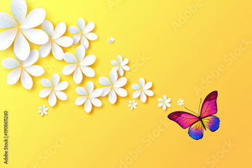 Artistic Butterfly Illustration with White Flowers on a Sunny Yellow Background A Whimsical Depiction of Nature's Delicate Beauty and Creative Design Elements