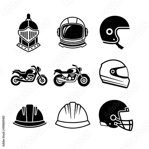 Collection of helmets and motorcycles icons, vector illustration