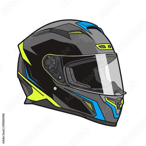 Modern Motorcycle Helmet with Blue and Yellow Accents - Full Face Safety Gear