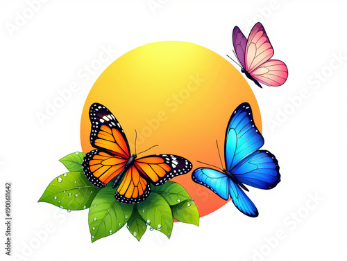 Artistic Illustration of Butterflies with Vibrant Colors and Detailed Wings, Set Against a Soft Yellow Background with Green Leaves, Evoking a Sense of Nature