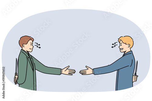 Business partners shake hands and show hypocrisy by holding knives behind backs and want to break agreements. Hypocrisy employees of large corporations making false promises or setting up colleagues