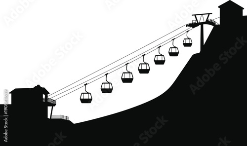 Silhouette of mountain cable car gondola lift system on steep slope, ski resort transportation with cabins, alpine winter tourism travel concept in black and white.
