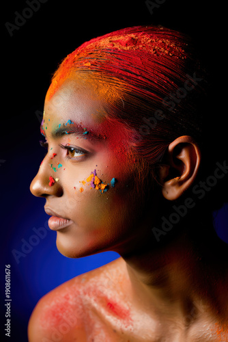 Artistic Portrait of a Woman with Vibrant Colors on Her Face A Stunning Display of Beauty and Creativity with a Dark Background Emphasizing the Vivid Hues