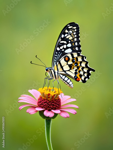 An Exquisite Lime Butterfly Perched on a Delicate Zinnia Flower, Showcasing the Intricate Patterns and Colors of Nature's Tiny Wonders in a Garden Setting