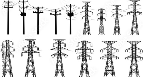 Set of utility poles and high voltage transmission towers silhouette illustrations isolated on white background, representing electricity grid infrastructure systems