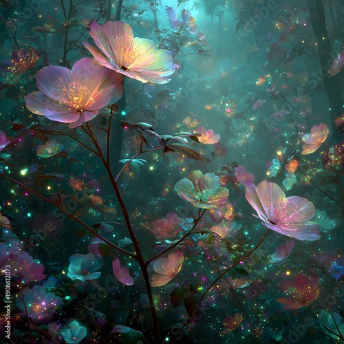 A vibrant and serene forest scene with glowing flowers and butterflies