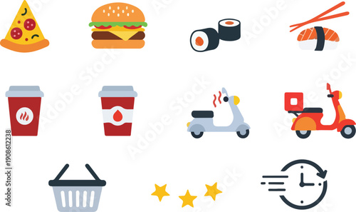 Food Delivery and Online Ordering Icon Set: Pizza, Burgers, Sushi, Scooters, and Shopping Baskets