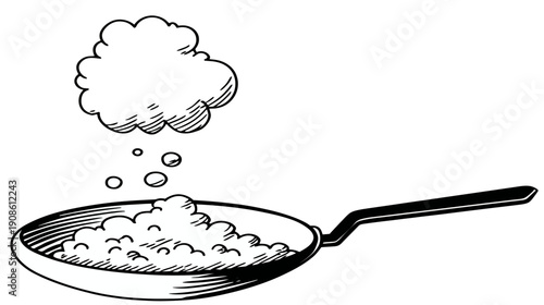 Cooking process illustration flour being poured into a frying pan in grayscale