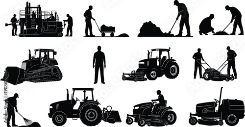 Construction and agriculture workers silhouettes with machinery and tools illustration isolated on white background, representing labor, farming, and industrial work