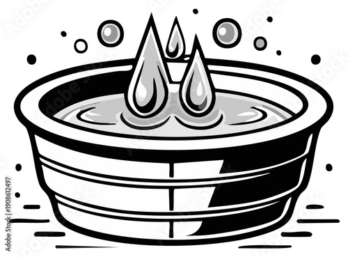 Water drops falling into basin with bubbles in a black and white linear illustration, fresh clean concept.