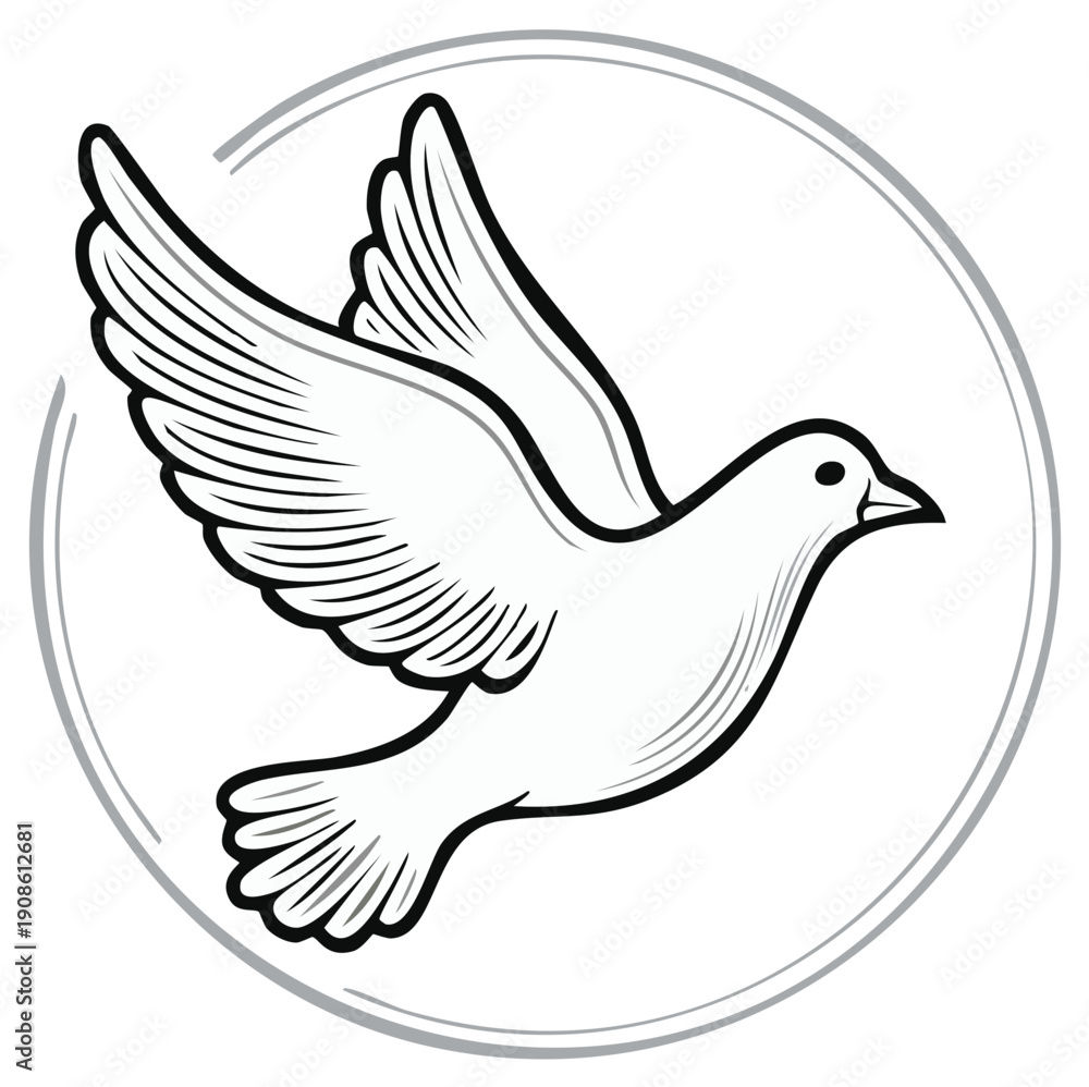 Obraz premium White dove flying inside a circle, illustration of peace and freedom