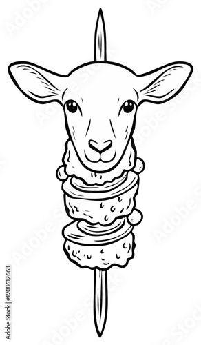Stylized illustration of a lamb head on a skewer with meat and vegetables