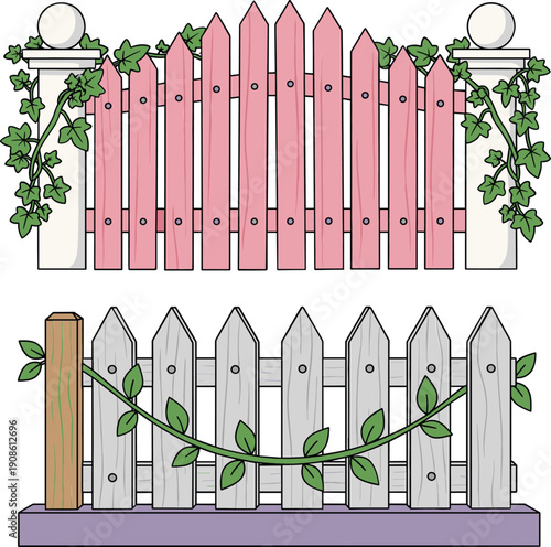 Decorative garden fences with climbing plants vector illustration wooden outdoor barrier design set
