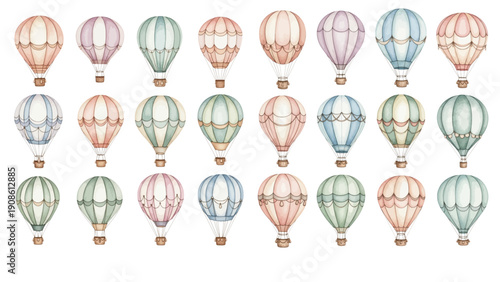 A charming watercolor collection of vintage hot air balloons, including soft pastel tones, decorative panels, and delicate watercolor shading.