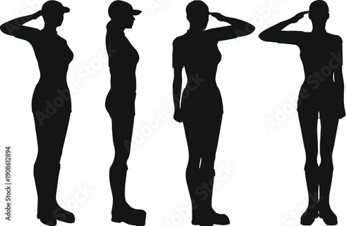 Silhouette of female soldier in various profile and front views performing military salute to show respect and honor for veterans and fallen heroes during memorial day celebrations AI Generative
