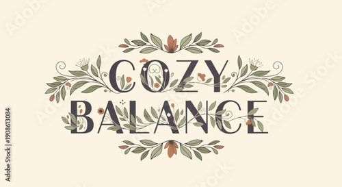 "Cozy Balance" typography, a botanical text design with earthy floral emblem, hand-drawn leaf decor and rustic elegant lettering, creating wellbeing word art for tranquil lifestyle concept.