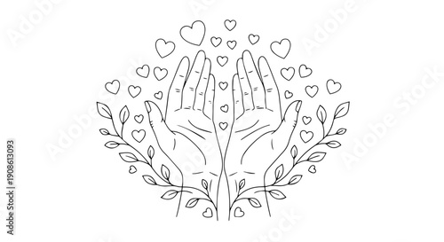 Open Hands Line Art with Hearts and Leafy Branches, symbolizing Giving Love, Charity Support, Wellness, and Spiritual Growth for Websites, Blogs, and Awareness Campaigns
