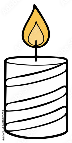 Illuminated White Candle with a Lively Orange Flame and Swirling Black Stripes