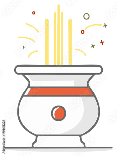 Traditional Asian incense burner with burning sticks for prayer and ritual