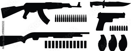 Silhouette collection of tactical military weapons including assault rifle, shotgun, handgun, combat knife, grenades, and ammunition for army defense and warfare design concepts. AI Generative
