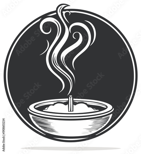 Black and white circular icon of a burning incense stick with smoke swirling upwards